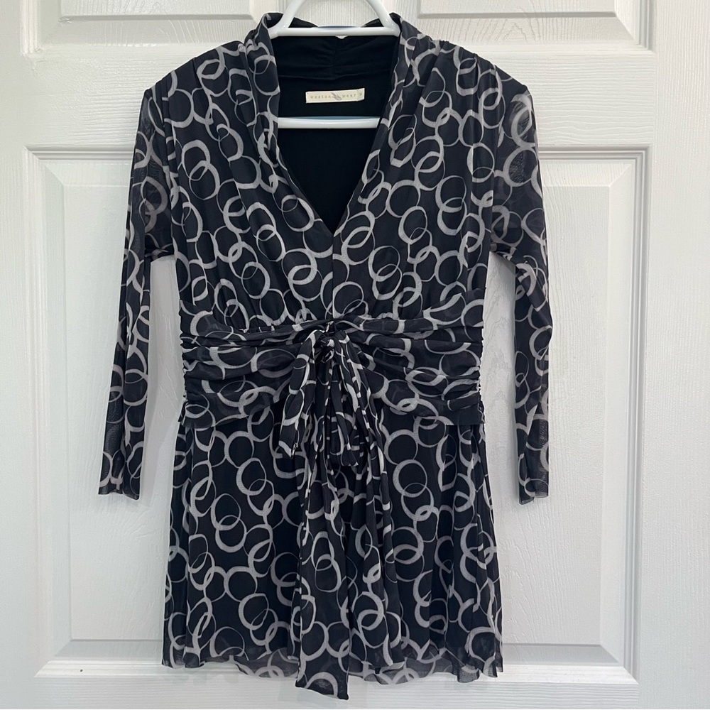 VINTAGE Weston Wear Black White Nylon Lightweight V-Neck Women's Blouse Shirt